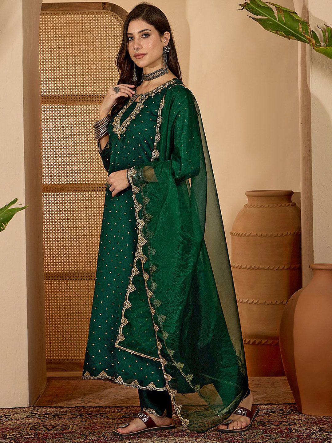 Dhiyona SN Women's Ethnic Motifs Embroidered Anarkali Kurta with Trouser & Dupatta