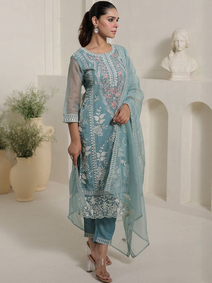 Floral Embroidered Thread Work Straight Kurta With Trousers & Dupatta
