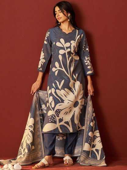Dhiyona IE Women Floral Printed Beads and Stones Kurta with Trousers & Dupatta Kurta Sets