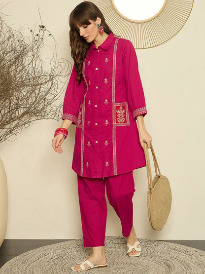 Women Ethnic Motifs Embroidered A-Line Thread Work Pure Cotton Kurta & Trousers