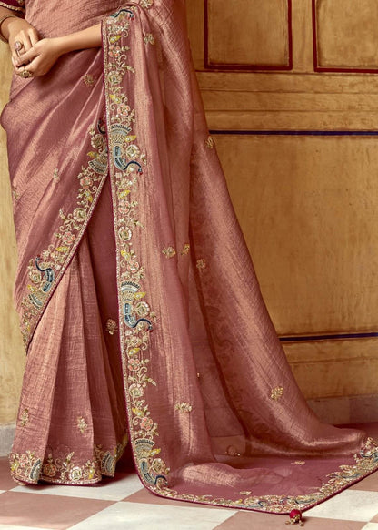 Dhiyona KM Women Dusty Rose Designer Tissue Silk Saree