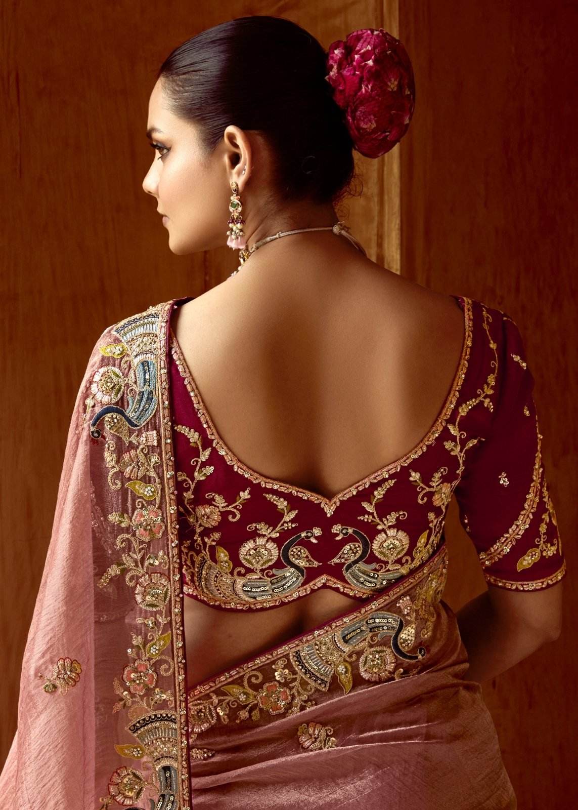Dhiyona KM Women Dusty Rose Designer Tissue Silk Saree
