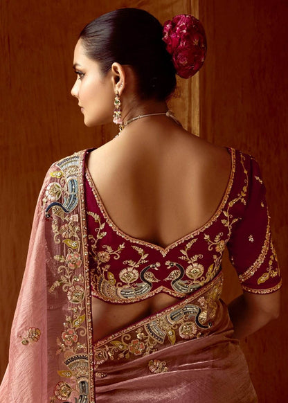 Dhiyona KM Women Dusty Rose Designer Tissue Silk Saree