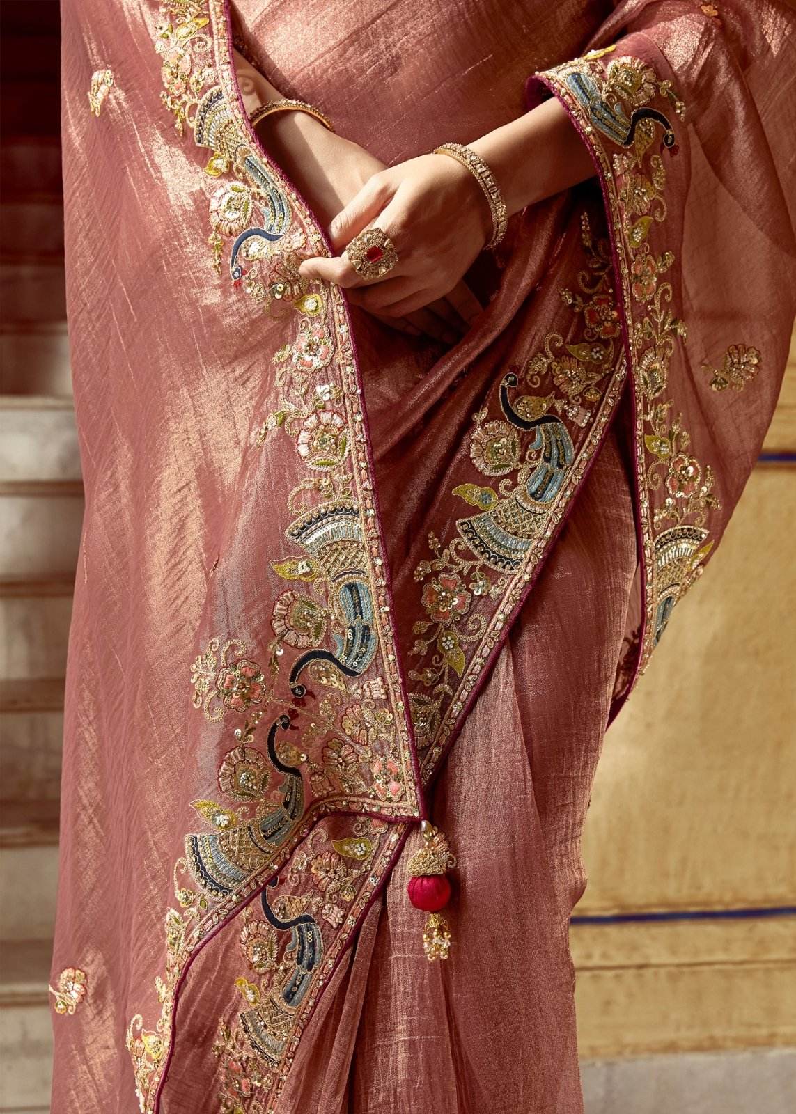 Dhiyona KM Women Dusty Rose Designer Tissue Silk Saree