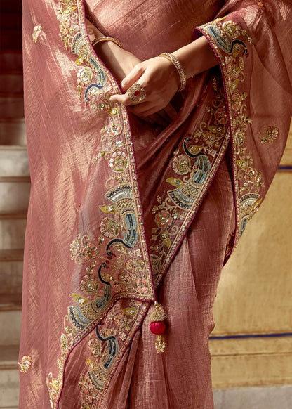 Dhiyona KM Women Dusty Rose Designer Tissue Silk Saree