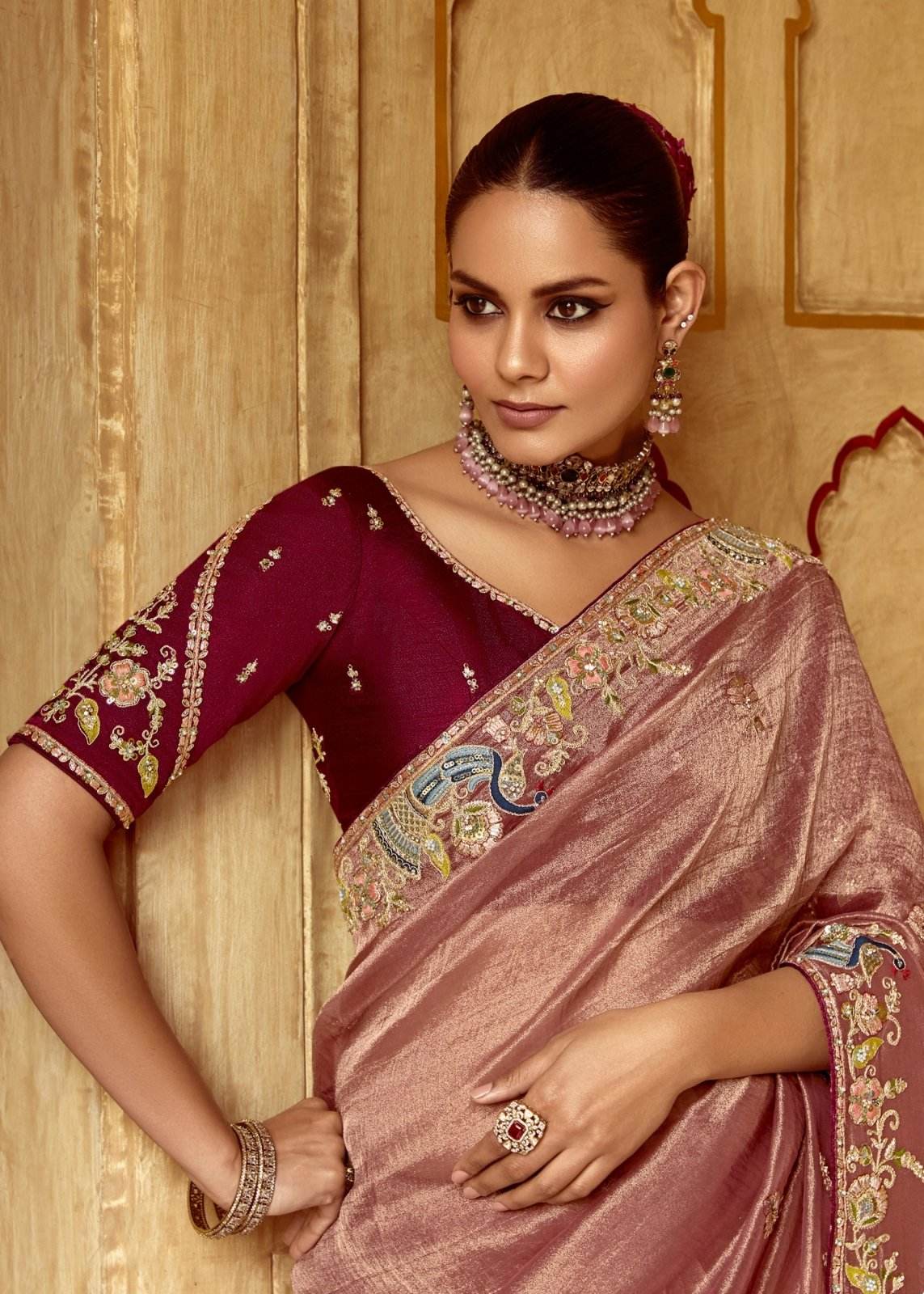 Dhiyona KM Women Dusty Rose Designer Tissue Silk Saree