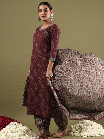 Dhiyona IE Women Floral Printed Regular Pure Cotton Kurta with Salwar & With Dupatta