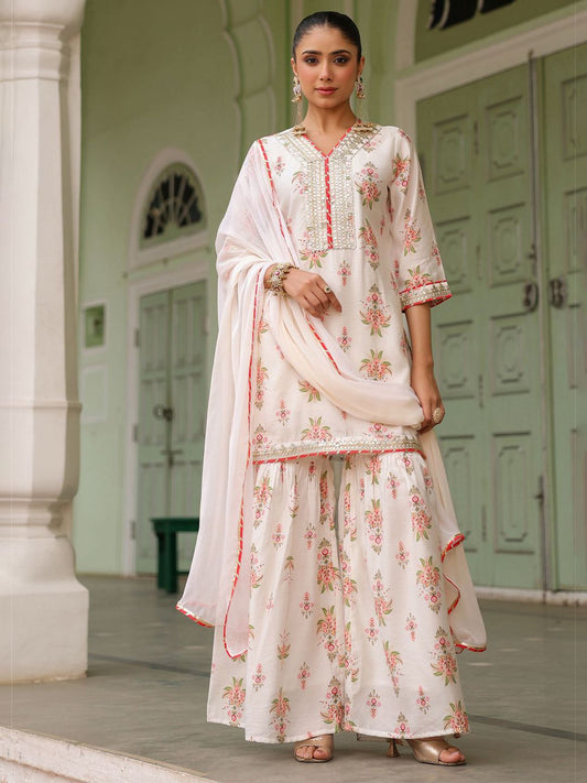 Dhiyona SC Floral Printed Gotta Patti Chanderi Silk Kurta With Sharara & Dupatta