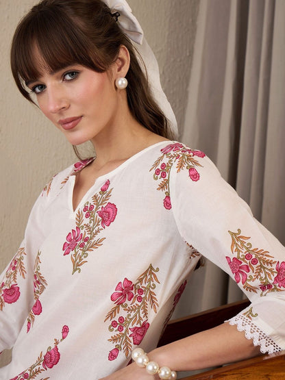 Floral Printed V-Neck Straight Pure Cotton Kurta With Trouser