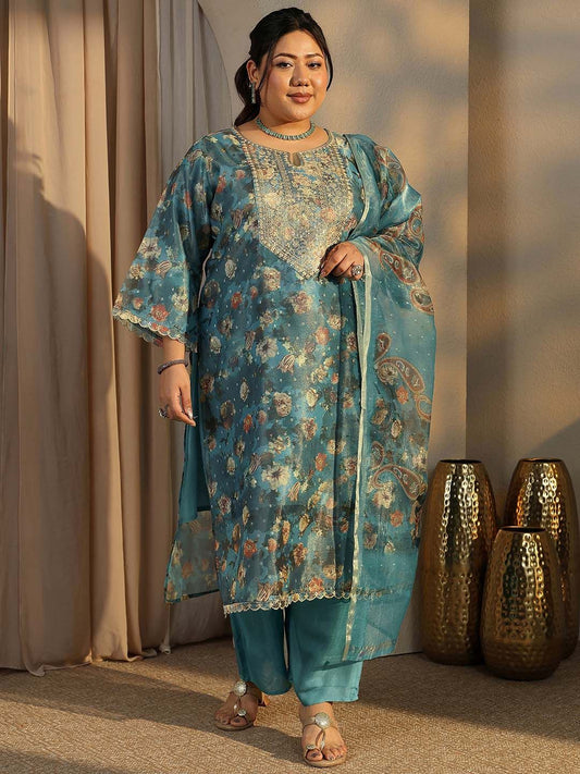 Dhiyona Women's Plus Size Floral Printed Kurta with Trousers & With Dupatta