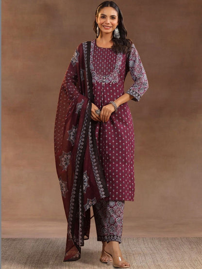 Women Ethnic Motifs Printed Regular Thread Work Pure Cotton Kurta with Trousers & With Dupatta