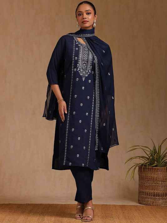 Dhiyona SO Women's Floral Embroidered Round Neck Sequinned Straight Kurta With Trousers & Dupatta