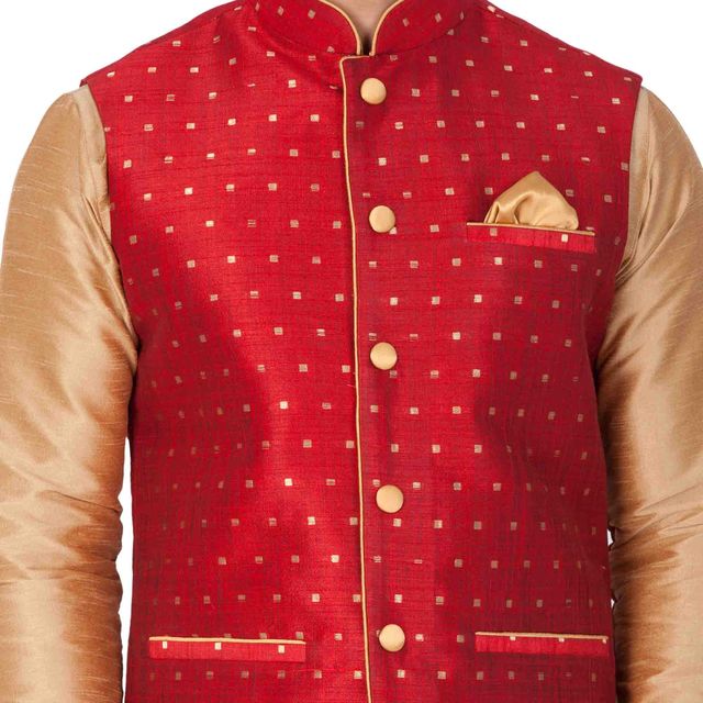 Men's Gold Silk Blend Straight Jacket  Kurta and Pyjama Set