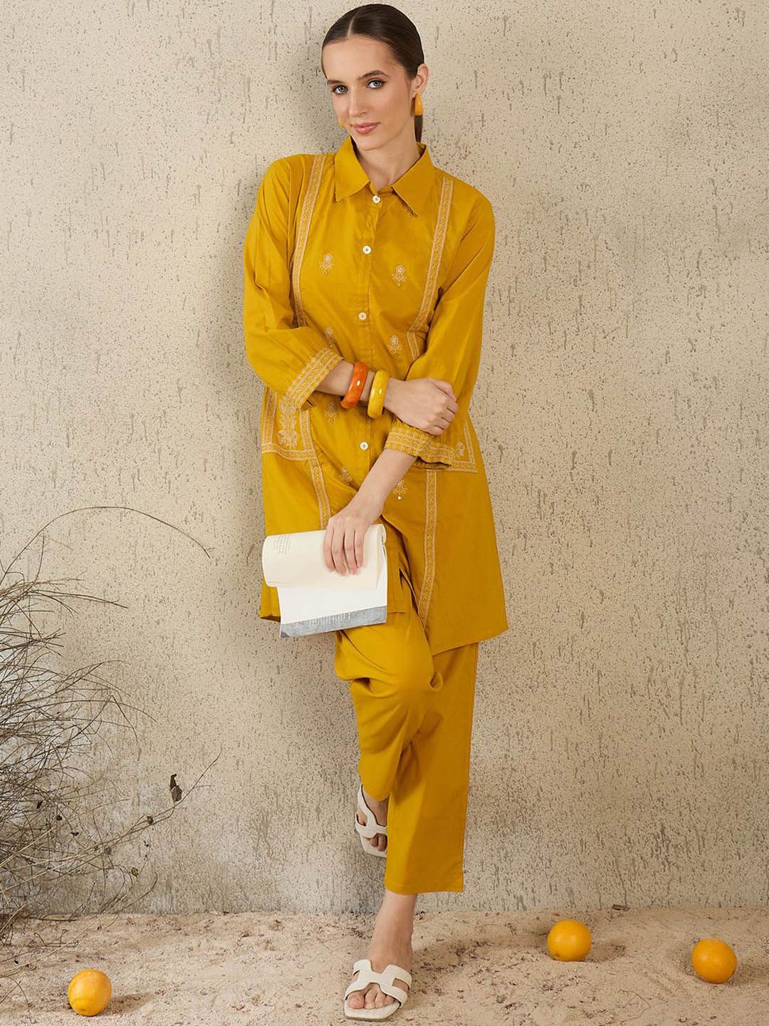 Dhiyona IE Women Embroidered Shirt Collar Cotton Top and Trousers Co-Ords