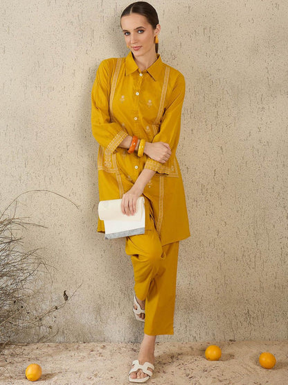 Dhiyona IE Women Embroidered Shirt Collar Cotton Top and Trousers Co-Ords