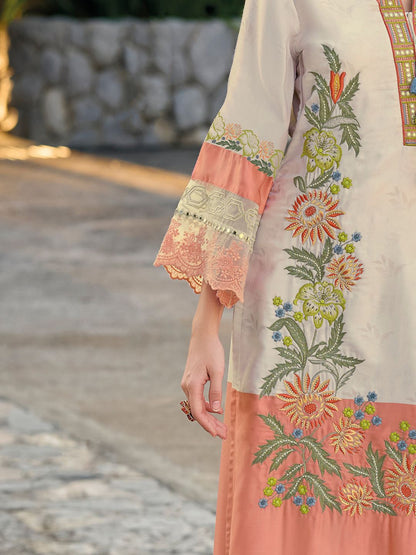 Dhiyona IE Women's Floral Embroidered Mirror Work Kurta with Trousers & Dupatta