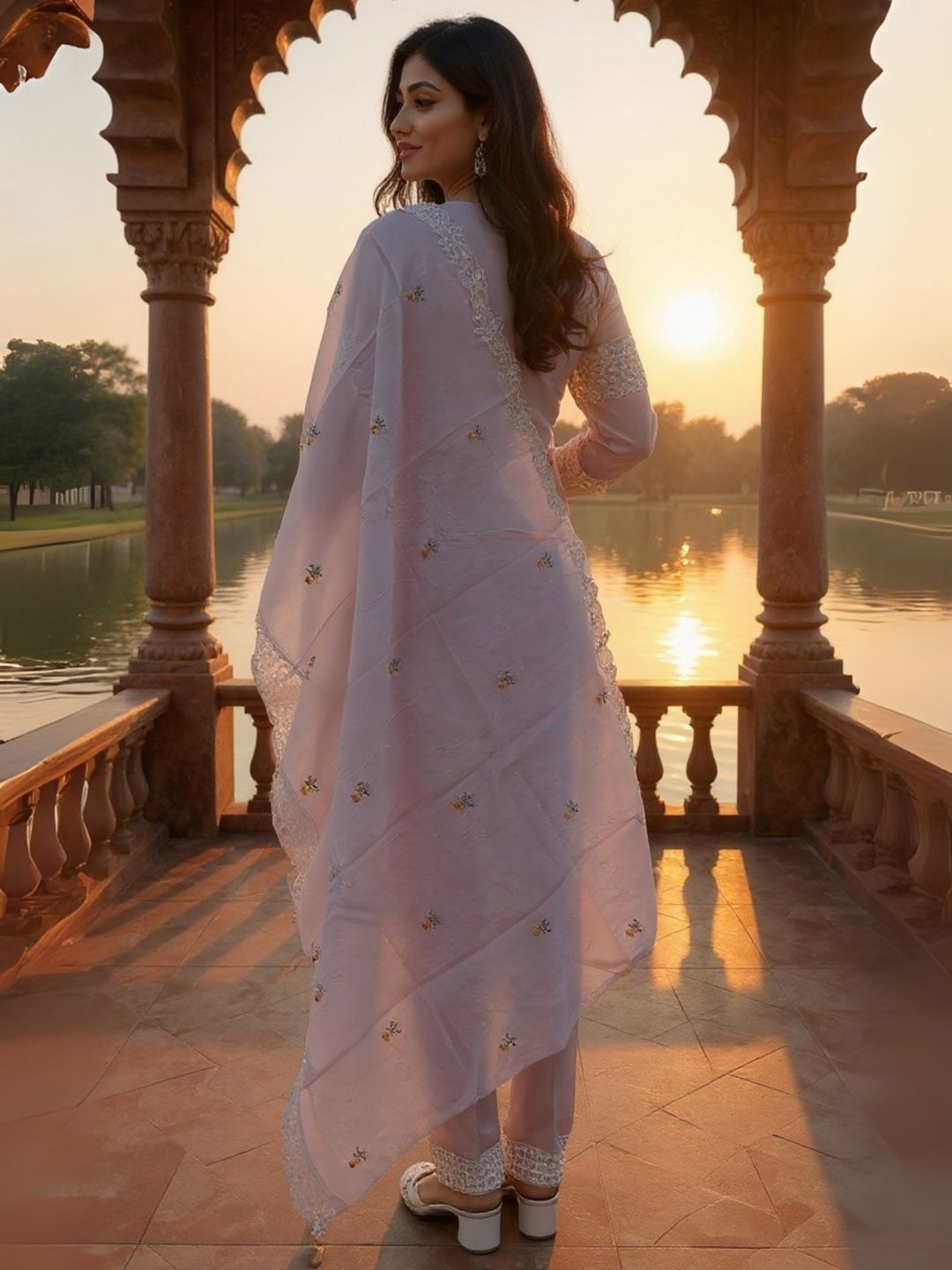 Women Floral Embroidered Cotton Kurta with Trousers & Dupatta