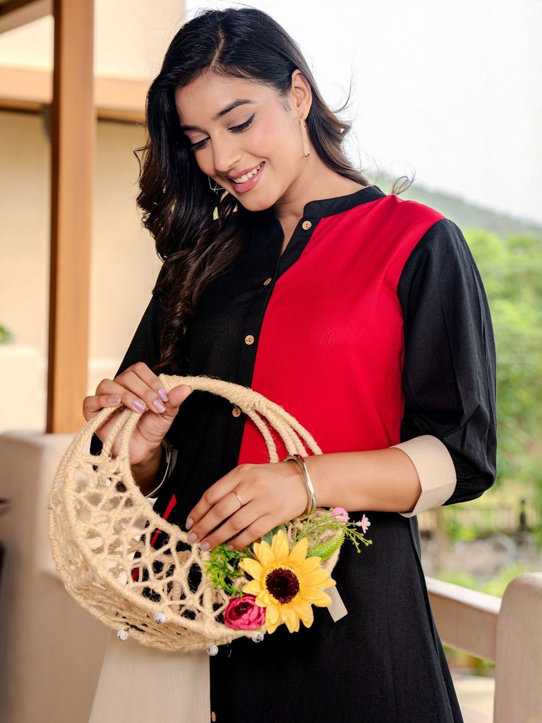 Women Colourblocked Mandarin Collar Pure Cotton A-Line Kurta with Trousers