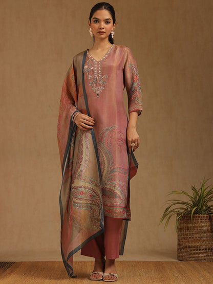Dhiyona SO Women's Floral Printed V-Neck Beads And Stones Straight Kurta With Trousers And Dupatta