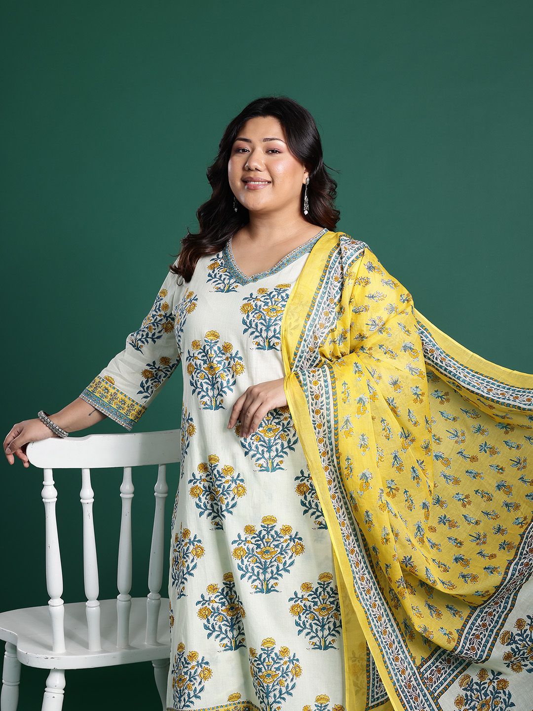 Dhiyona IE Floral Print Cotton Kurta with Trousers & Dupatta