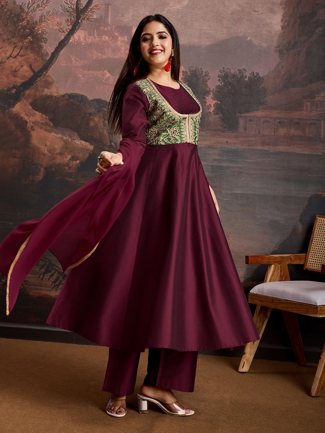 Dhiyona PD Women Anarkali Kurta Trousers & Dupatta With Embroidered Jacket