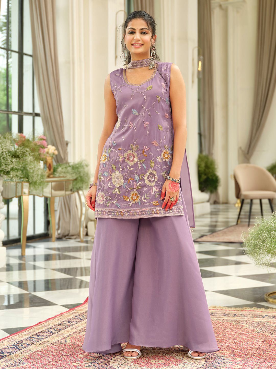 Women Floral Embroidered Kurta with Palazzos & Dupatta