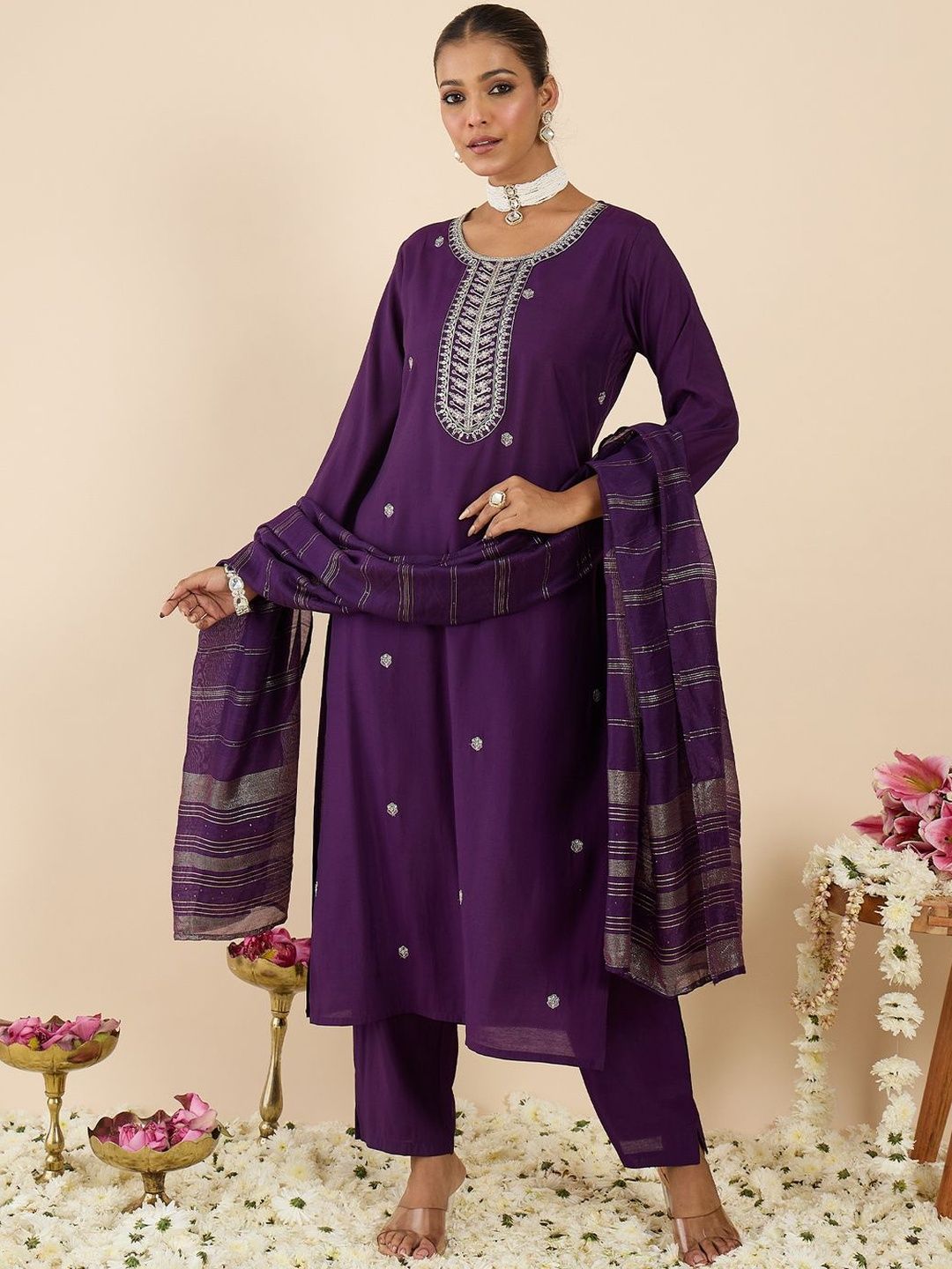 Women Ethnic Motifs Embroidered Regular Thread Work Kurta with Trousers & With Dupatta