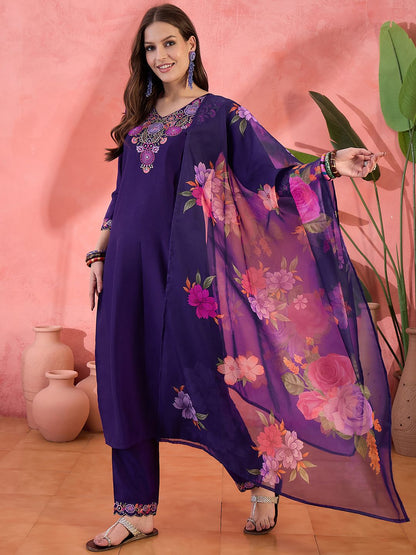 Dhiyona SN Women's Purple Floral Embroidered V-Neck Sequinned Straight Kurta With Trousers & Dupatta