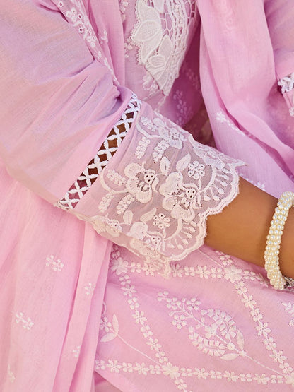 Floral Embroidered V-Neck Thread Work Pure Cotton Kurta With Trousers & Dupatta