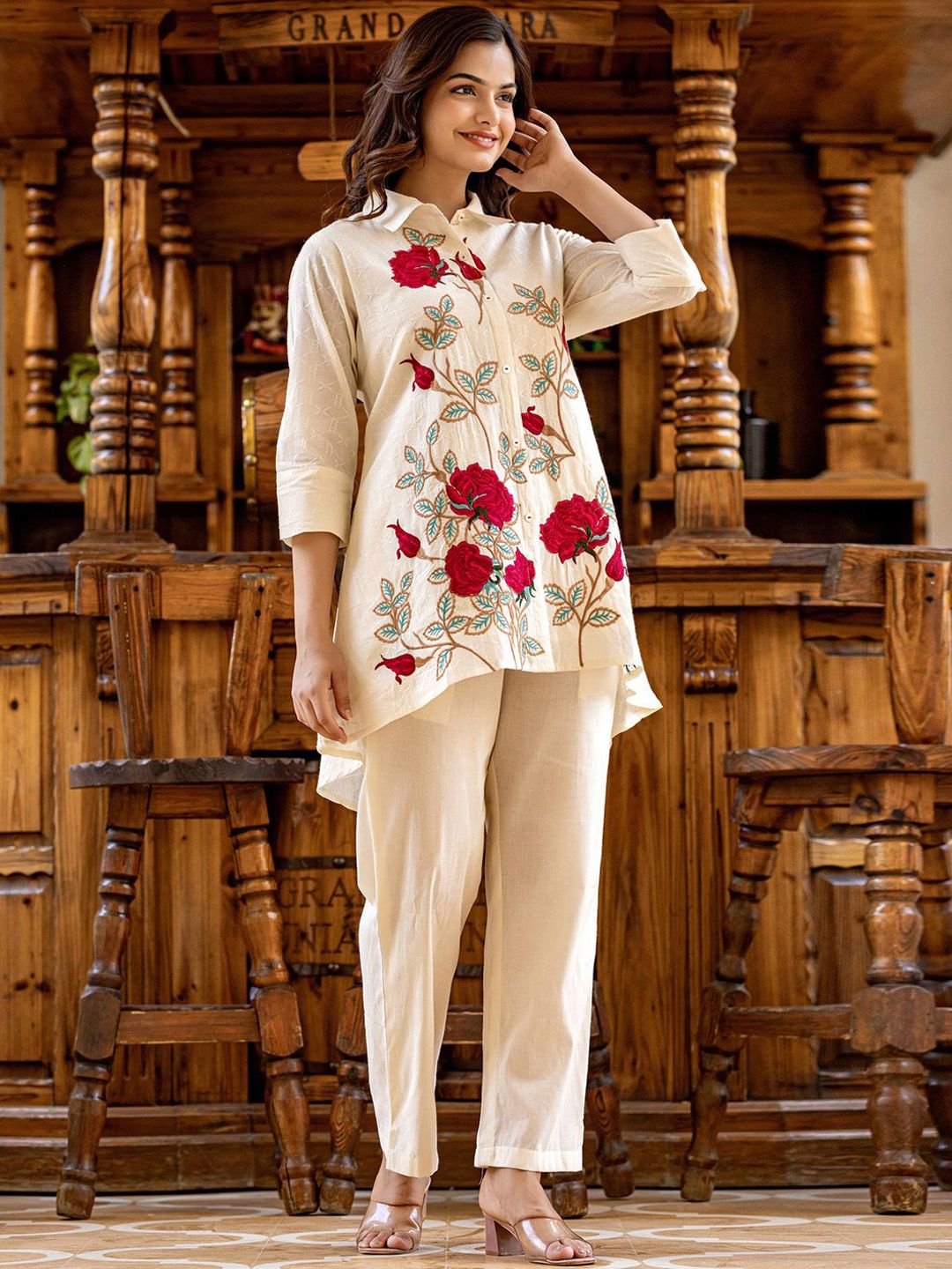 Dhiyona IE Floral Embroidered Thread Work Pure Cotton Shirt with Trousers