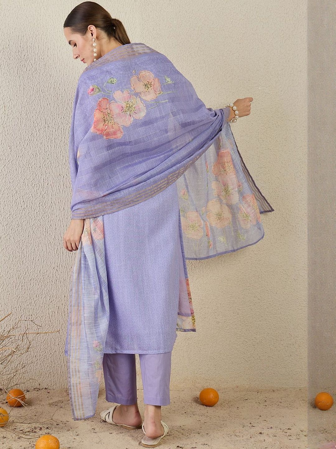 Women Floral Printed Linen Kurta with Trousers & Dupatta