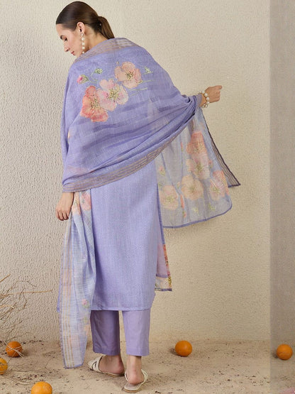 Women Floral Printed Linen Kurta with Trousers & Dupatta