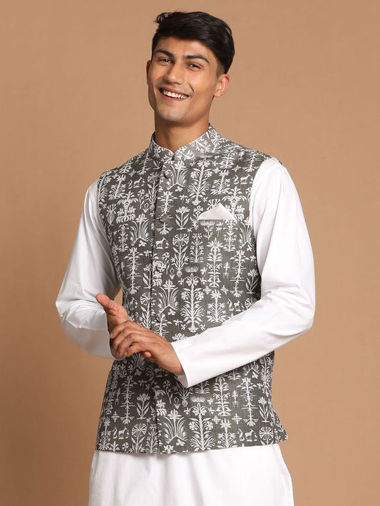 Men's Green Cotton Blend Straight Nehru Jacket