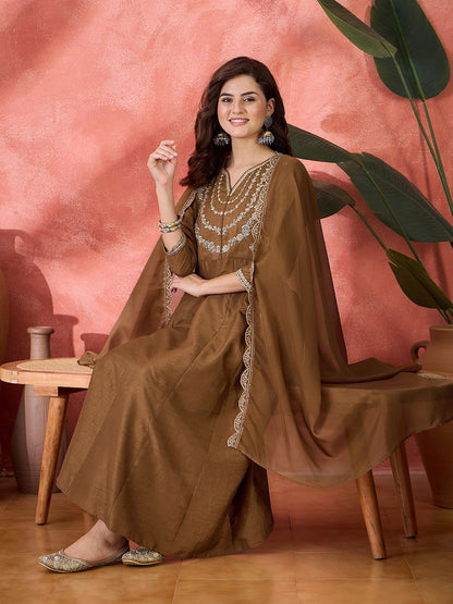 Dhiyona SN Women's Embroidered V-Neck Kurta, Trousers & Dupatta Set