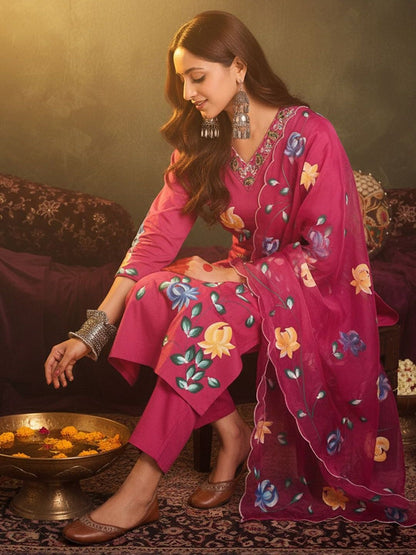 Floral Printed Sraight Thread Work Pure Cotton Kurta With Trousers & Dupatta