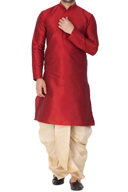 Men's Maroon Silk Blend Straight Kurta and Dhoti Set