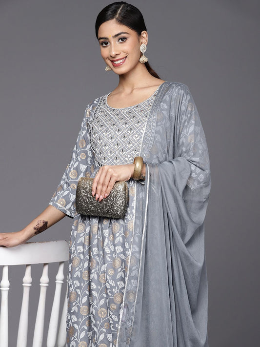 Dhiyona LB Women's Floral Yoke Design Pleated Thread Work Kurta with Trousers & With Dupatta