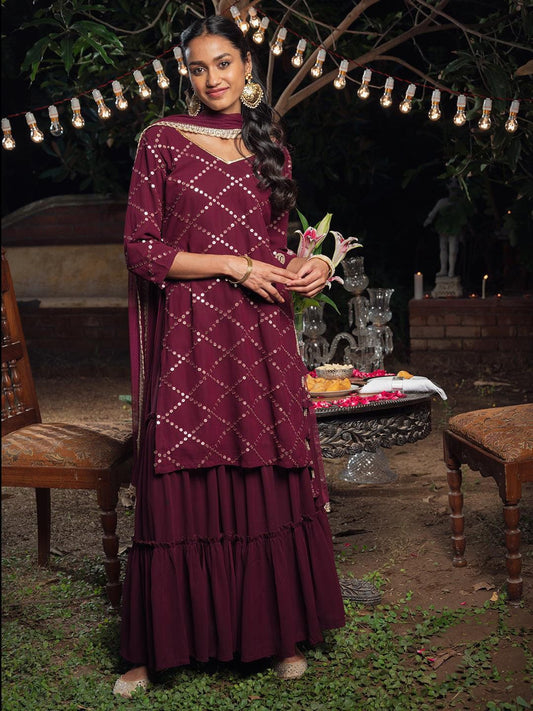Dhiyona LB Women's Women Burgundy Embroidered Sequinned Kurta with Sharara & Dupatta