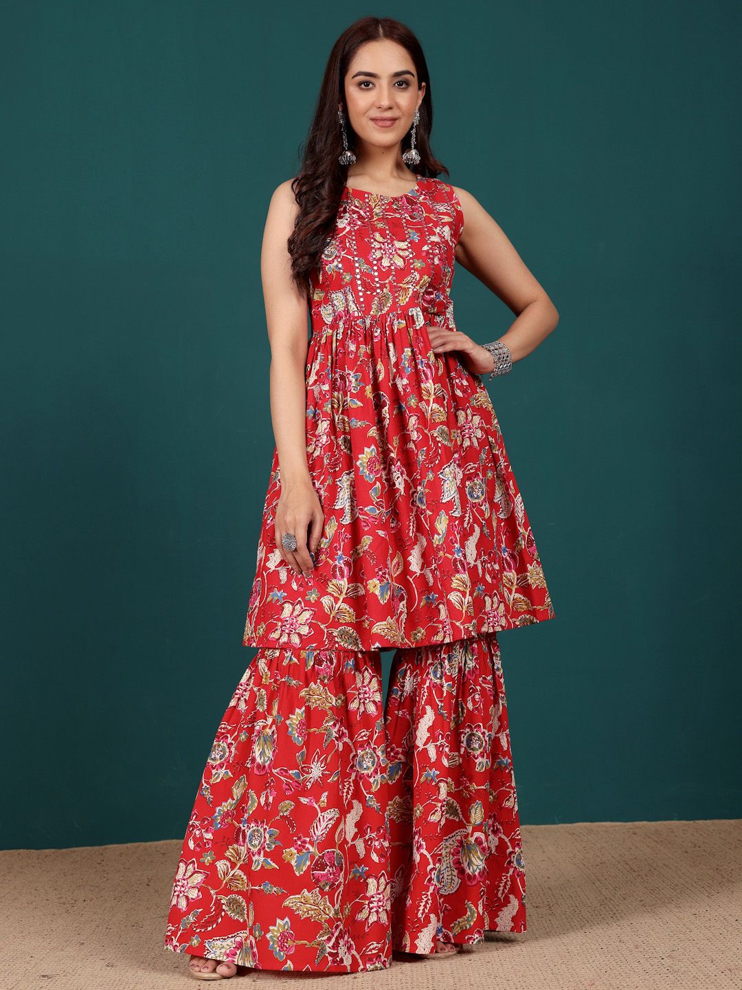 Dhiyona VA Women's Floral Printed Regular Thread Work Pure Cotton Kurta with Sharara