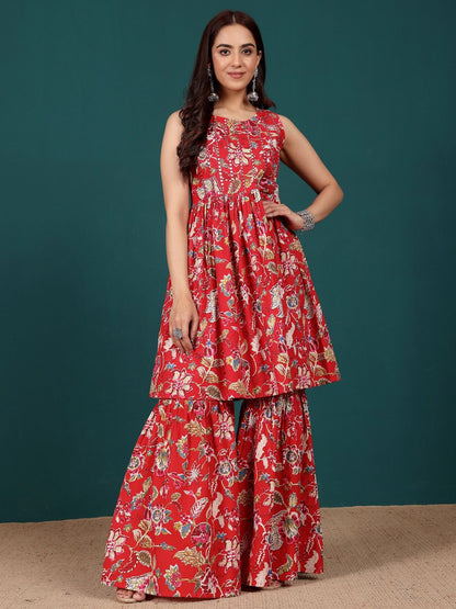 Dhiyona VA Women's Floral Printed Regular Thread Work Pure Cotton Kurta with Sharara