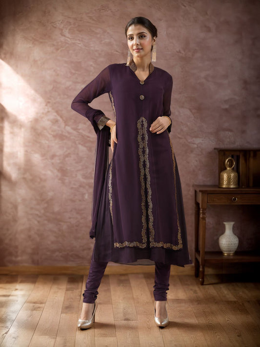 Dhiyona SO Women's Women Purple Embellished Layered Silk Georgette Kurta with Churidar & Dupatta