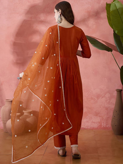 Dhiyona SN Women's Orange Floral Embroidered Pleated Thread Work A-Line Kurta With Trouser & Dupatta