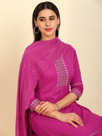 Dhiyona SO Women's Straight Pure Cotton Kurta With Trousers & Dupatta
