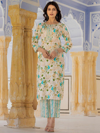 Dhiyona VA Women'sFloral Printed Regular Beads and Stones Kurta with Trouser & Dupatta