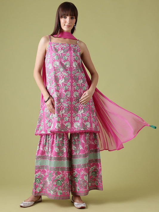 Dhiyona AN Ethnic Motifs Printed Lace Inserts Kurta with Sharara & Dupatta