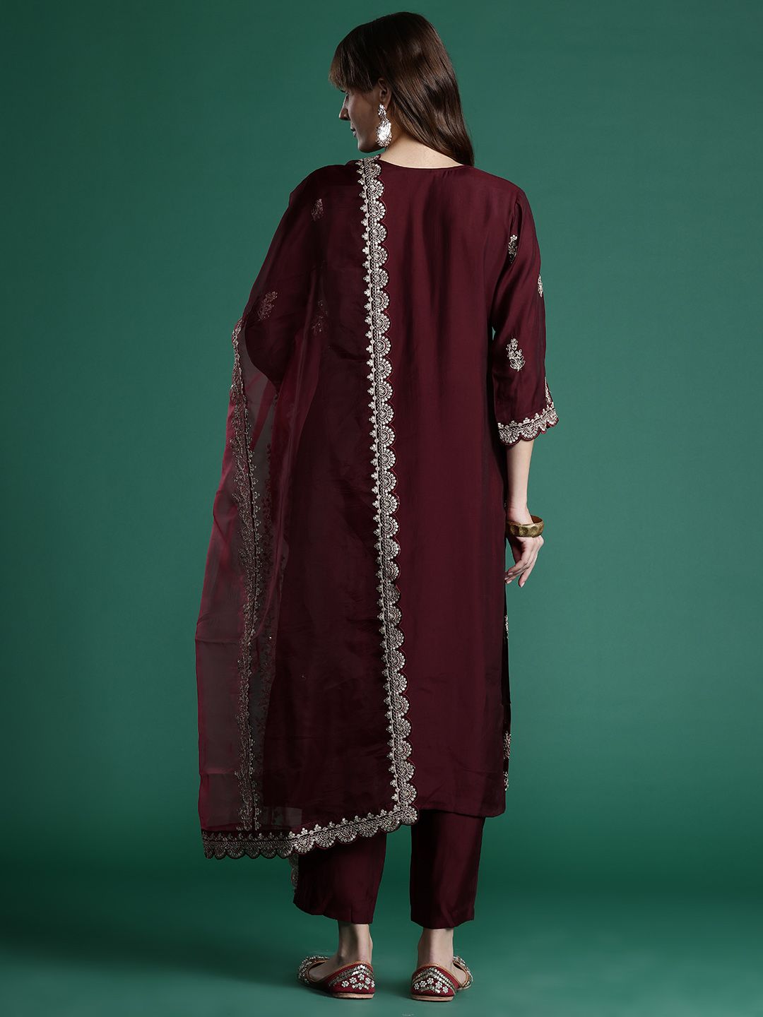 Floral Embroidered Sequinned Kurta With Trousers & Dupatta