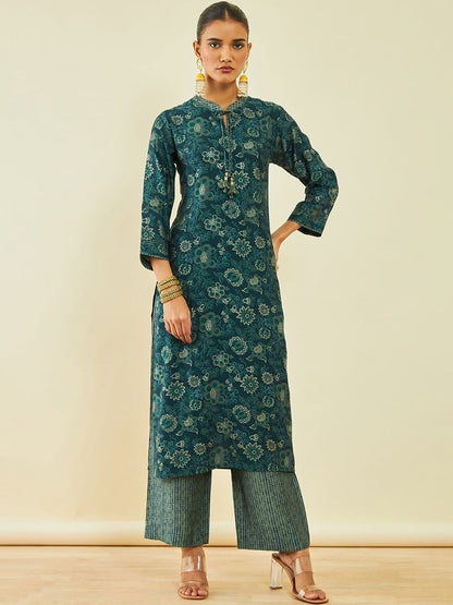 Dhiyona SO Women's Floral Printed Tie Up Neck Regular Kurta With Trousers