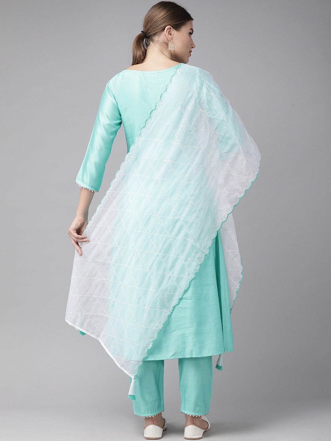 Women Sea Green Embroidered Liva Kurta with Trousers & Dupatta