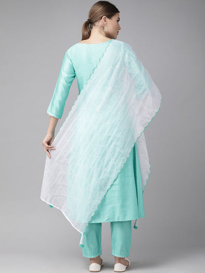 Women Sea Green Embroidered Liva Kurta with Trousers & Dupatta
