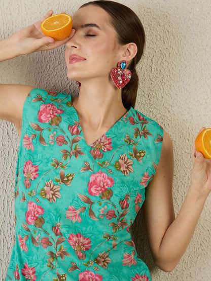 Floral Printed V-Neck Pure Cotton A-Line Kurta With Trouser